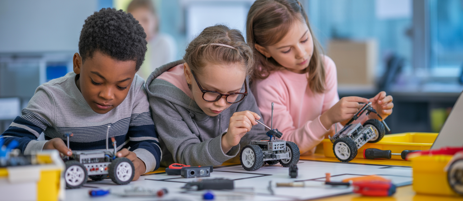 Kids working together at a robotics or coding camp